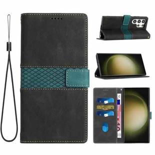 For Samsung Galaxy S23 Ultra 5G Grid Stitching Leather Phone Case with Lanyard(Black)