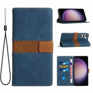 For Samsung Galaxy S23 5G Grid Stitching Leather Phone Case with Lanyard(Blue)