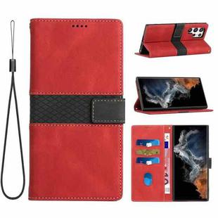 For Samsung Galaxy S22 Ultra 5G Grid Stitching Leather Phone Case with Lanyard(Red)