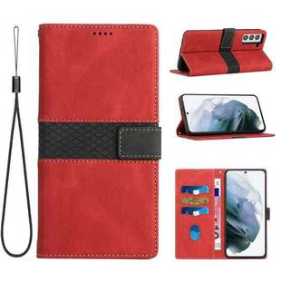 For Samsung Galaxy S22 5G Grid Stitching Leather Phone Case with Lanyard(Red)