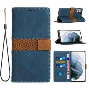 For Samsung Galaxy S21 5G Grid Stitching Leather Phone Case with Lanyard(Blue)