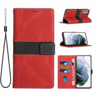 For Samsung Galaxy S21 5G Grid Stitching Leather Phone Case with Lanyard(Red)