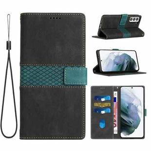 For Samsung Galaxy S21 5G Grid Stitching Leather Phone Case with Lanyard(Black)