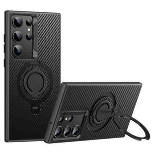 For Samsung Galaxy S23 Ultra 5G Carbon Fiber MagSafe Phone Case with 360 Degree Rotating Holder(Black)