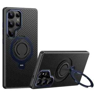 For Samsung Galaxy S25 Ultra 5G Carbon Fiber MagSafe Phone Case with 360 Degree Rotating Holder(Black Blue)