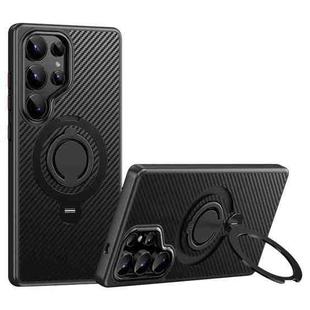 For Samsung Galaxy S25 Ultra 5G Carbon Fiber MagSafe Phone Case with 360 Degree Rotating Holder(Black)