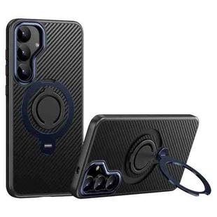 For Samsung Galaxy S25+ 5G Carbon Fiber MagSafe Phone Case with 360 Degree Rotating Holder(Black Blue)