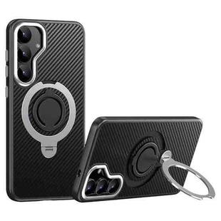 For Samsung Galaxy S25+ 5G Carbon Fiber MagSafe Phone Case with 360 Degree Rotating Holder(Black Silver)