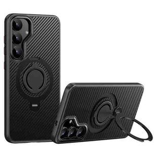 For Samsung Galaxy S25 5G Carbon Fiber MagSafe Phone Case with 360 Degree Rotating Holder(Black)