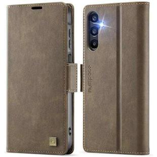 For Samsung Galaxy A14 4G / 5G AutSpace A11 Side Buckle MagSafe Magnetic RFID Phone Leather Case(Coffee)