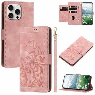 For iPhone 16 Pro Max Tulips Embossed Leather Phone Case with Lanyard(Pink)