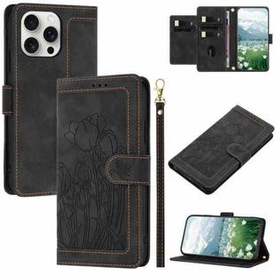 For iPhone 16 Pro Max Tulips Embossed Leather Phone Case with Lanyard(Black)