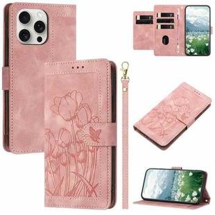 For iPhone 16 Pro Tulips Embossed Leather Phone Case with Lanyard(Pink)