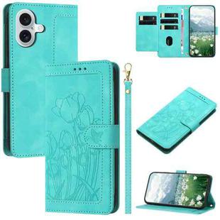 For iPhone 16 Plus Tulips Embossed Leather Phone Case with Lanyard(Green)