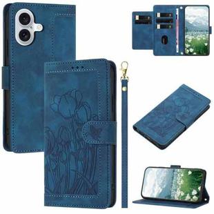 For iPhone 16 Plus Tulips Embossed Leather Phone Case with Lanyard(Blue)