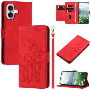 For iPhone 16 Tulips Embossed Leather Phone Case with Lanyard(Red)