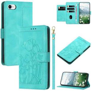 For iPhone SE 2024 Tulips Embossed Leather Phone Case with Lanyard(Green)