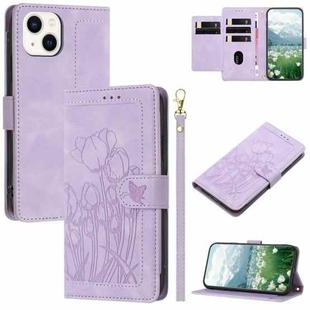 For iPhone 15 Plus Tulips Embossed Leather Phone Case with Lanyard(Purple)