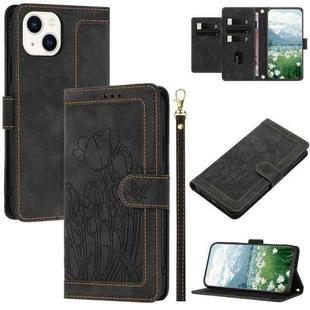 For iPhone 14 Tulips Embossed Leather Phone Case with Lanyard(Black)