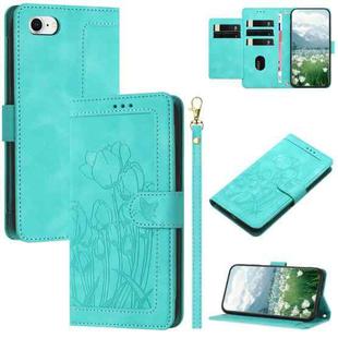 For iPhone SE 2022 / 2020 Tulips Embossed Leather Phone Case with Lanyard(Green)