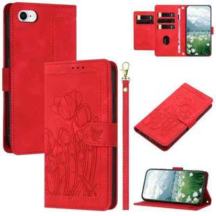 For iPhone SE 2022 / 2020 Tulips Embossed Leather Phone Case with Lanyard(Red)