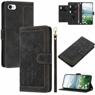 For iPhone SE 2022 / 2020 Tulips Embossed Leather Phone Case with Lanyard(Black)