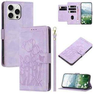 For iPhone 13 Pro Tulips Embossed Leather Phone Case with Lanyard(Purple)