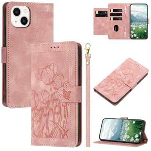 For iPhone 13 mini Tulips Embossed Leather Phone Case with Lanyard(Pink)