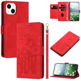 For iPhone 13 mini Tulips Embossed Leather Phone Case with Lanyard(Red)