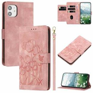 For iPhone 12 mini Tulips Embossed Leather Phone Case with Lanyard(Pink)