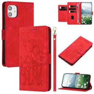 For iPhone 11 Tulips Embossed Leather Phone Case with Lanyard(Red)