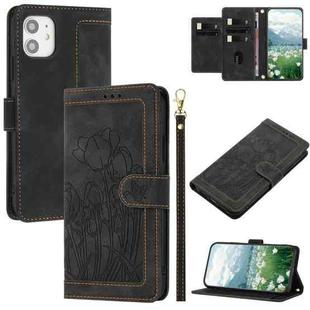 For iPhone 11 Tulips Embossed Leather Phone Case with Lanyard(Black)