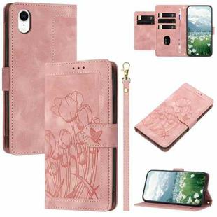 For iPhone XR Tulips Embossed Leather Phone Case with Lanyard(Pink)