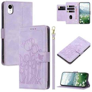 For iPhone XR Tulips Embossed Leather Phone Case with Lanyard(Purple)