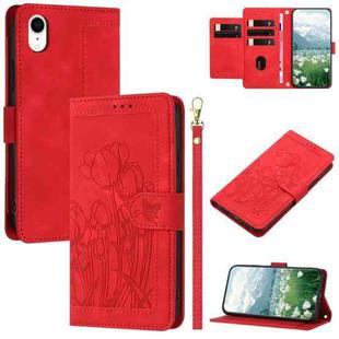 For iPhone XR Tulips Embossed Leather Phone Case with Lanyard(Red)