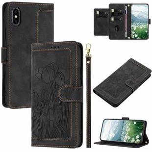 For iPhone XS Max Tulips Embossed Leather Phone Case with Lanyard(Black)