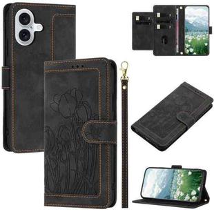 For iPhone 17 Tulips Embossed Leather Phone Case with Lanyard(Black)