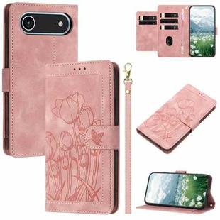 For iPhone 17 Air Tulips Embossed Leather Phone Case with Lanyard(Pink)