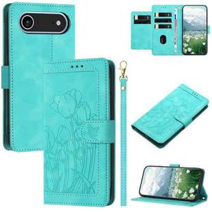 For iPhone 17 Air Tulips Embossed Leather Phone Case with Lanyard(Green)