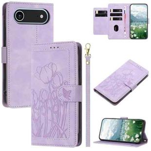 For iPhone 17 Air Tulips Embossed Leather Phone Case with Lanyard(Purple)