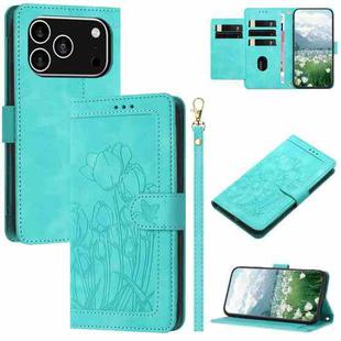 For iPhone 17 Pro Tulips Embossed Leather Phone Case with Lanyard(Green)