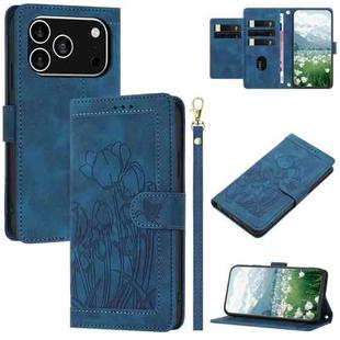 For iPhone 17 Pro Tulips Embossed Leather Phone Case with Lanyard(Blue)