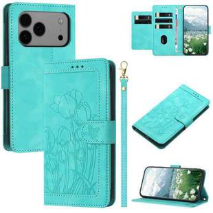 For iPhone 17 Pro Max Tulips Embossed Leather Phone Case with Lanyard(Green)