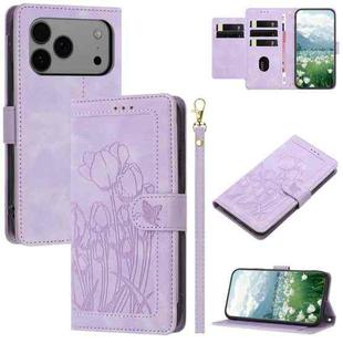 For iPhone 17 Pro Max Tulips Embossed Leather Phone Case with Lanyard(Purple)