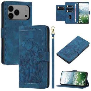 For iPhone 17 Pro Max Tulips Embossed Leather Phone Case with Lanyard(Blue)