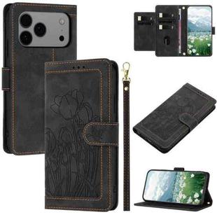 For iPhone 17 Pro Max Tulips Embossed Leather Phone Case with Lanyard(Black)