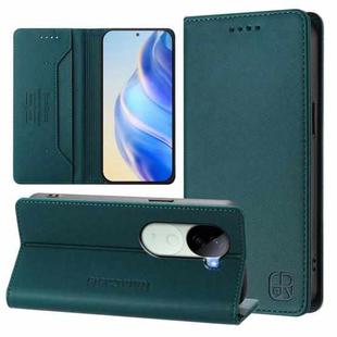 For vivo V40e 5G India / iQOO Z9s 5G RC01 Dual-Folded Magnetic Suction RFID Leather Phone Case(Dark Green)