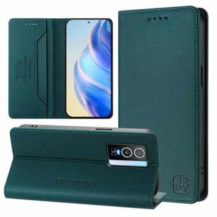 For vivo Y76 5G RC01 Dual-Folded Magnetic Suction RFID Leather Phone Case(Dark Green)