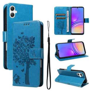For Samsung Galaxy A07 5G Tree & Cat Embossed Pattern Flip Leather Phone Case(Blue)
