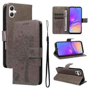 For Samsung Galaxy A07 5G Tree & Cat Embossed Pattern Flip Leather Phone Case(Grey)